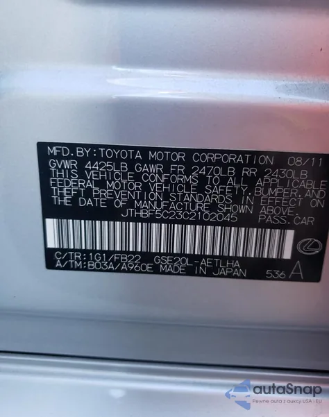 2012 Lexus Is 250 from USA, damaged, VIN JTHBF5C23C2102045